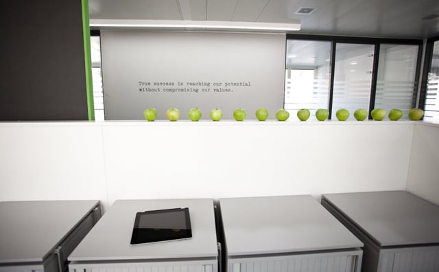 Reihe grüner Äpfel vor einer Wand mit dem Spruch „True success is reaching our potential without compromising our values.“